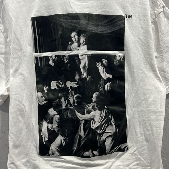 🔥 OFF-WHITE Caravaggio Painting Madonna Square Graphic Tee Men Sz Lg - PERFECT - Picture 3 of 7
